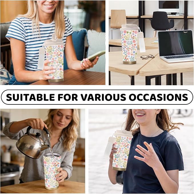 Floral Tumbler Stainless Steel 2-in-1 Lid Coffee Tumbler 18 oz Flowers Aesthetic Insulated Travel Coffee Mug Floral Water Bottle for Women Girls Birthday Christmas