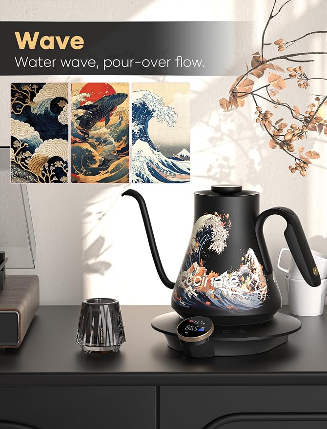 Cocinare Artisan Collection Gooseneck Electric Kettle, ±0.5°F Temperature Control for Pour Over Coffee & Tea, 1500W Quick Heating, Stainless Steel Interior, 0.9L, Wave Design
