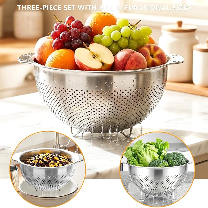Stainless Steel Colander for Kitchen with Handle for Pasta (4QT) | Fine mesh. Dishwasher safe. Great for straining spaghetti, vegetables, fruit, noodles, eggs & rice