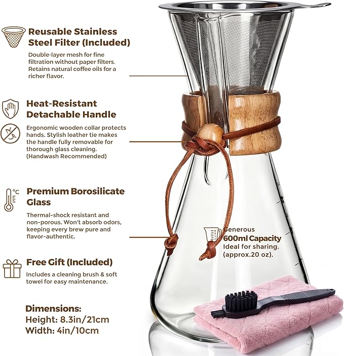 AGOGO Pour Over Coffee Maker Set, 20oz Slim Style, 304 Stainless Filter | Barista kit for home kitchen, Cafe, Camping & Office; 20oz-40oz Classic, Slim, Diamond styles; Includes brush & towel.