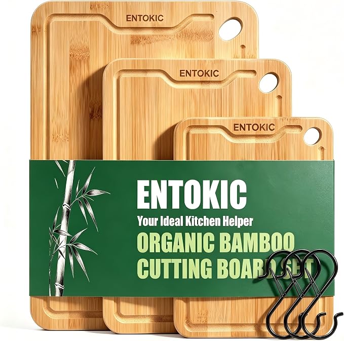 Bamboo Wooden Cutting Board Kitchen Chopping Boards With 3 hooks | Durable carbonized bamboo construction deep juice groove for food prep meat cutting vegetable chopping and daily serving
