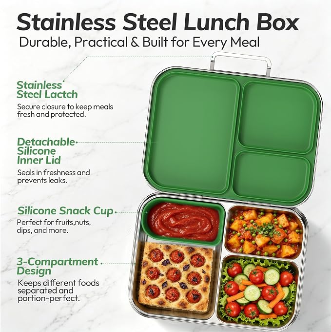 Stainless Steel Bento Lunch Box for Kids and Adults,3 Compartment Meal Lunch Box with Detachable Silicone Lid,Leak-Resistant Food Container with Snack Cup for School,BPA-Free(Green)