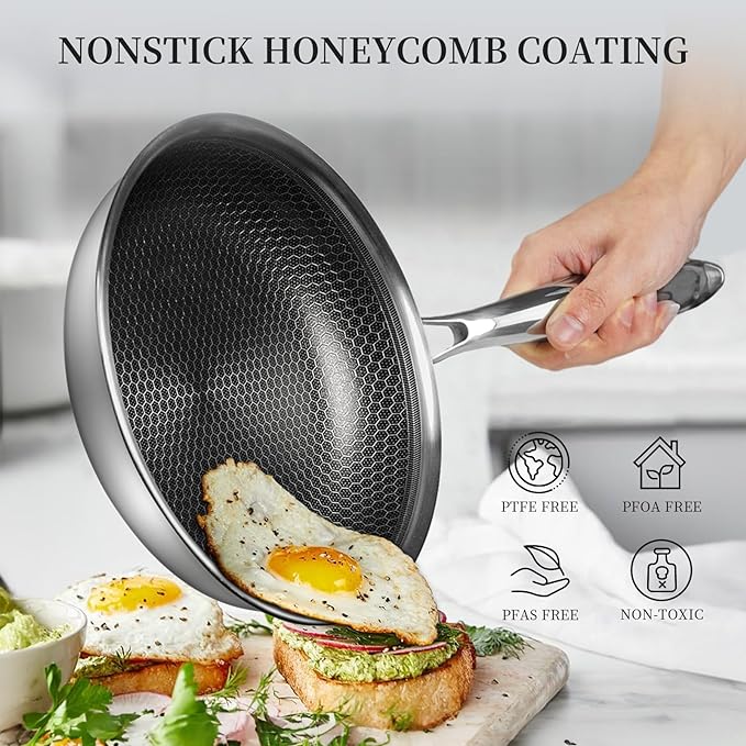 Innerwell Non Stick Frying Pans, Stainless Steel Pan Set with Lid | Honeycomb nonstick coating, PFOA-free. Cool-touch handles. Compatible with All Stoves. Oven Safe&Dishwasher safe.