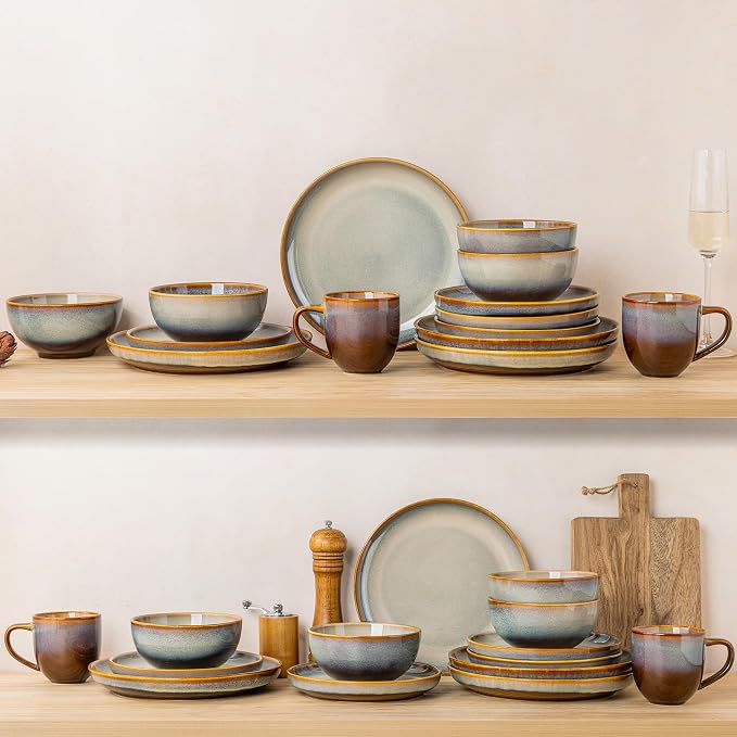 Ceramic Dinnerware Set for 4, 12-Piece Plates and Bowls Set | Handmade Reactive Glaze Dish Set, Scratch Resistant, Oven & Microwave & Dishwasher Safe, Dusk Blue