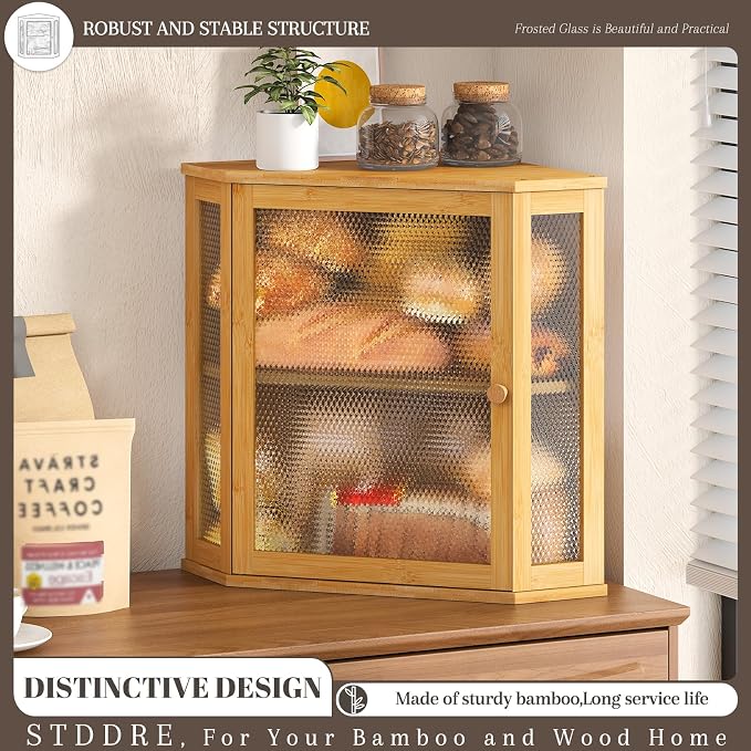 STDDRE Corner Bread Box Kitchen Countertop Extra Large Capacity Farmhouse Bread Box, Corner Countertop Storage, Double Layer Bread Holder (Natural, Extra Large)