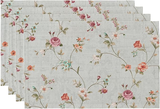 QIYI Boho Table Placemats Set of 4, 12"x18" Linen Place Mats, Pink Flowers | Fabric Place Mats for Kitchen Dinning, Farmhouse Rustic Cloth Table Mats, Washable Placemat Party Table Décor