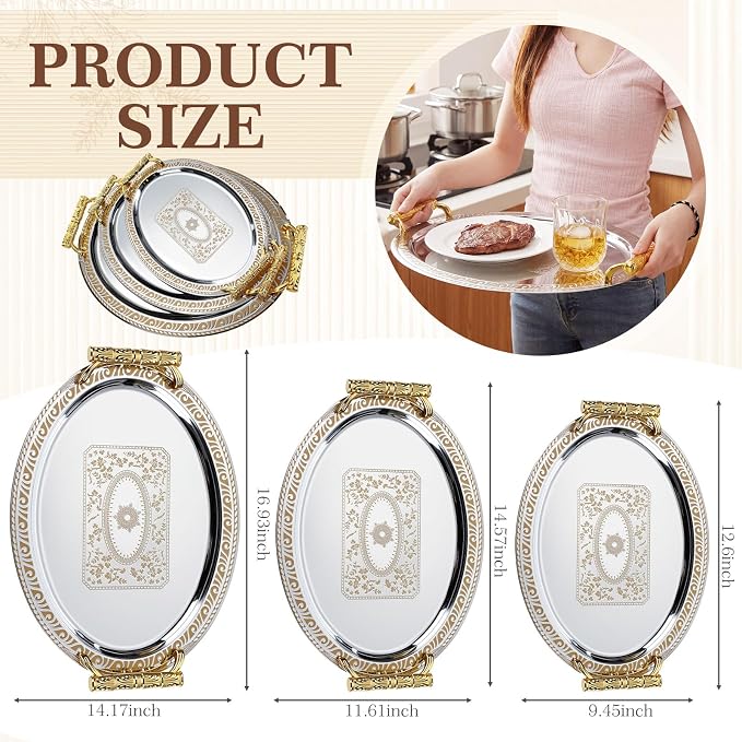 3 Pack Metal Serving Trays with Handles, Decorative Floral Platter Trays for Coffee Tea, Food, Dessert, Jewelry, for Buffet Wedding Party Kitchen Home Decor(Round,Silver, Gold)