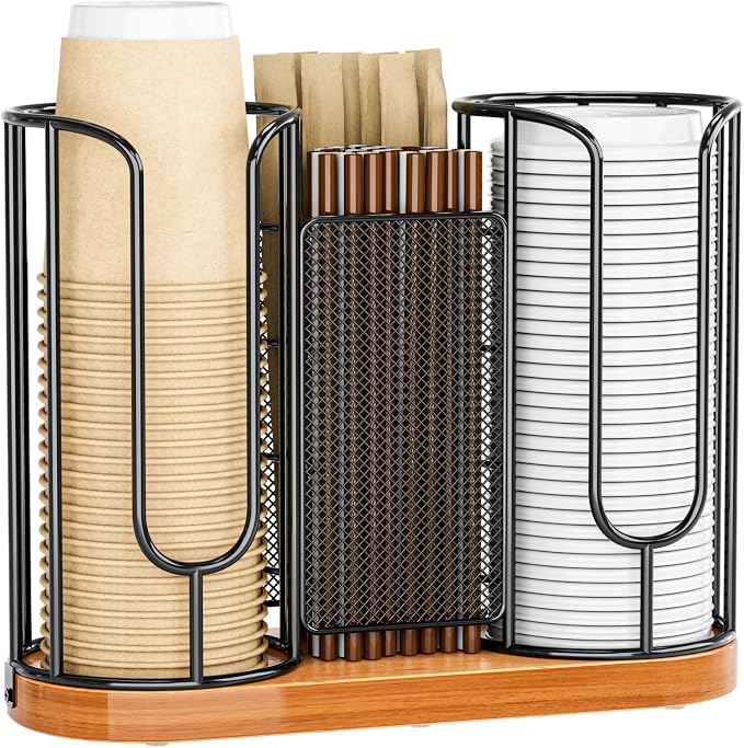 Coffee Cup and Lids Holder - 8oz-24oz Disposable Cups Organizer Wooden Base | Plastic Paper Cup Dispenser Straw Storage for Countertop Coffee Station Bar Restaurant Office Breakroom Shop Kitchen