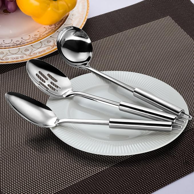 Pleafind Serving Utensils Set for Parties,3-Piece Silver Stainless Steel utensils set,Includes 1 Serving Spoon, 1 Slotted Spoon and 1 Soup Ladle,Serving Spoons for Buffet