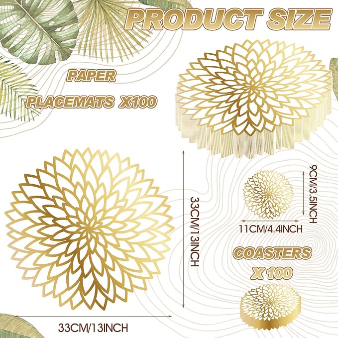 Geosar 200 Disposable Paper Placemats and Coasters Set Summer Hawaiian Luau Placemat with Coasters Outdoor Indoor for Greenery Jungle Dining Table Decoration Shower Birthday(Gold Round)