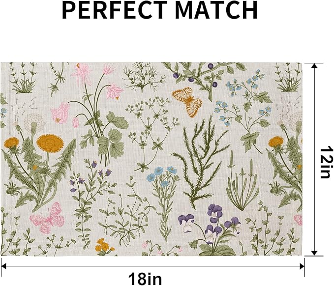 QIYI Boho Table Placemats Set of 4, 12"x18" Linen Place Mats, Wildflowers | Fabric Place Mats for Kitchen Dinning, Farmhouse Rustic Cloth Table Mats, Washable Placemat Party Table Décor