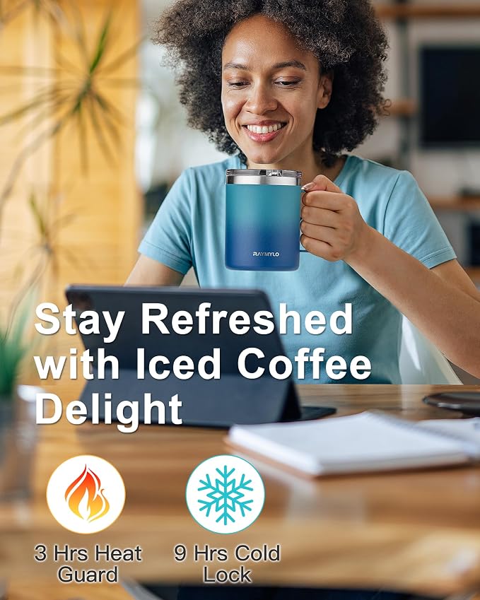 RAYMYLO Insulated Travel Coffee Mug with Handle, Coffee Tumbler Cup 12oz | Detachable Lid for Thoroughly Clean, Thermal Cup with Double-Wall Stainless Steel Vacuum Insulation, Spill Proof & BPA Free