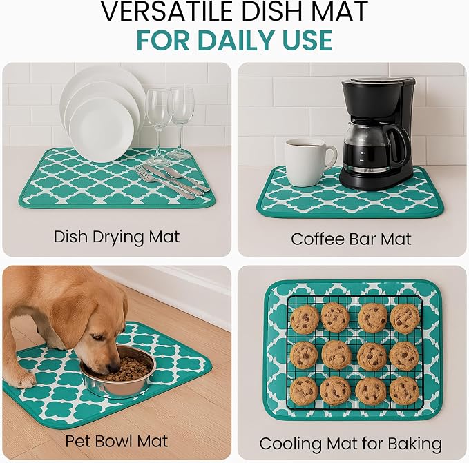 Dish Drying Mat for Kitchen Counter, Large 18 x 14 Absorbent Microfiber Pad | Machine Washable Quick Dry Kitchen Mat, Reversible Under Dish Rack Pad, Counter Protector for Dishes Pots Pans, Coffee Bar