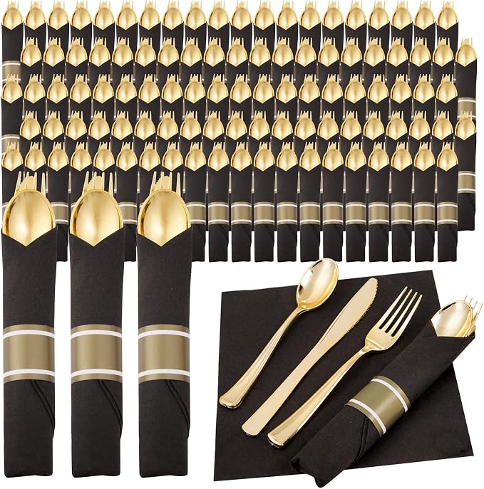 120Pack Pre Rolled Black and Gold Plastic Silverware Set | Heavy Duty Disposable Wrapped Cutlery with Napkin Gold Plastic Utensils for Wedding, Birthday, Party& Banquet