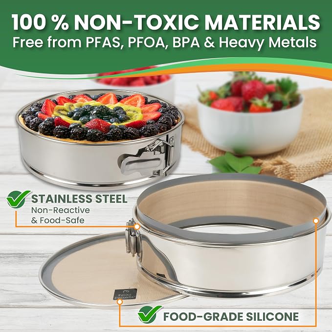 Springform Pan 9 Inch, Stainless Steel with 2 NON-STICK SILICONE LINERS | DISHWASHER SAFE and Non Toxic Materials, No Coating Peeling, REUSABLE LINERS - Skip the Parchment, Great For Cheesecakes