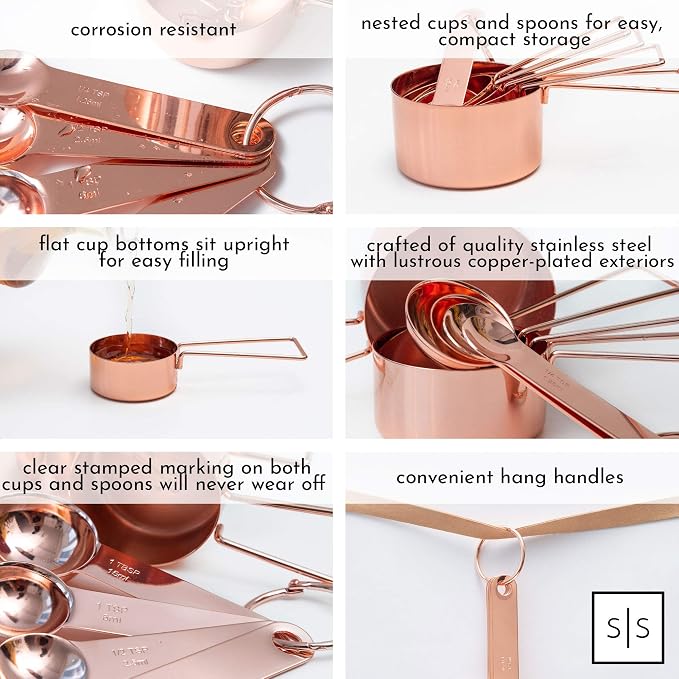 Styled Settings Copper Measuring Cups and Spoons Set, 8-Piece | Stainless Steel, Copper, 8-Piece Stackable Stainless Steel Metal Measuring Utensils, Copper / Rose Gold Kitchen Accessories