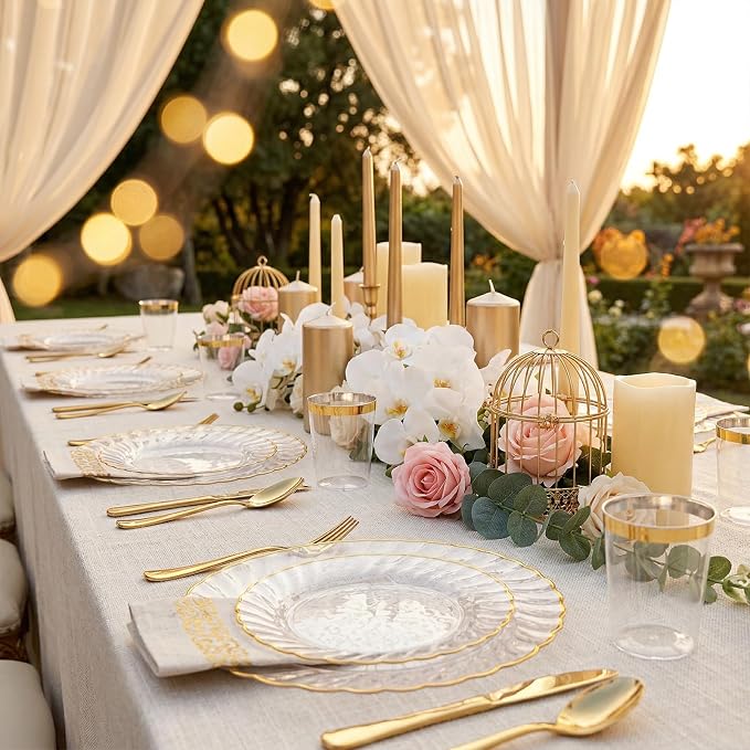 YOUBET 175PCS Clear and Gold Scalloped Plastic Plates for Party Wedding | Clear and Gold Disposable Dinnerware Set Include 50 Plates, 75 Gold Silverware, 25 Cups, 25 Napkins