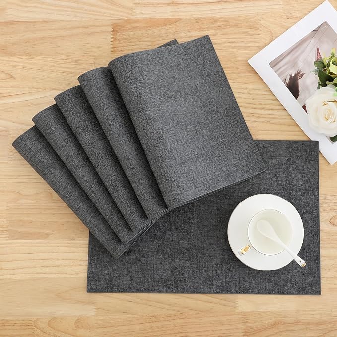 Homaxy PU Faux Leather Placemats for Dining Table, Set of 6, Dark Grey | Waterproof Wipeable Washable Table Mats, Easy to Clean Anti-Slip Place Mats, 11.8" x 17"