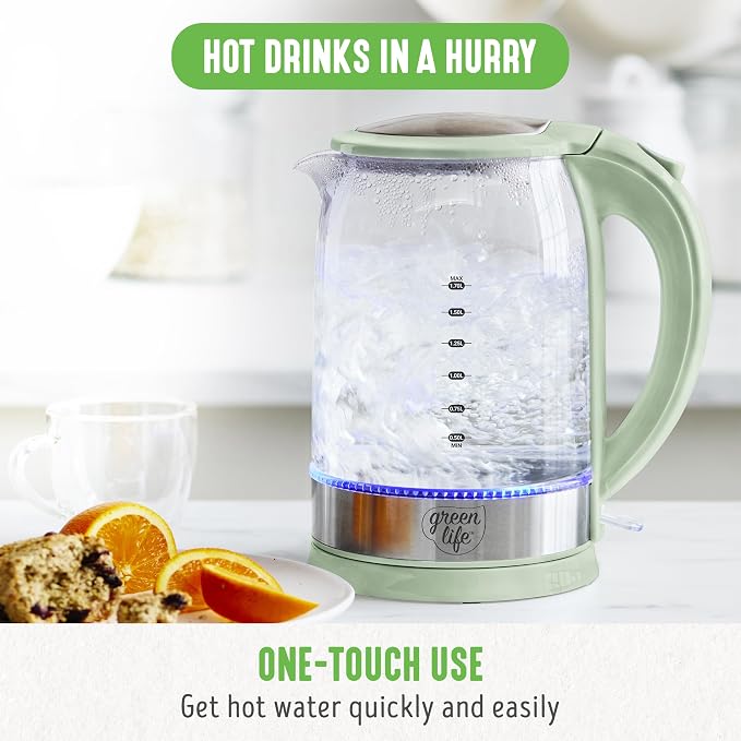 GreenLife 1.7 Liter Electric Glass Kettle, Sage Green | Glass Body, Auto Shutoff, Thermal Shock Resistant, Quick Heating, Easy One Touch Use, Cordless Serving, LED Base, Coffee/ Tea