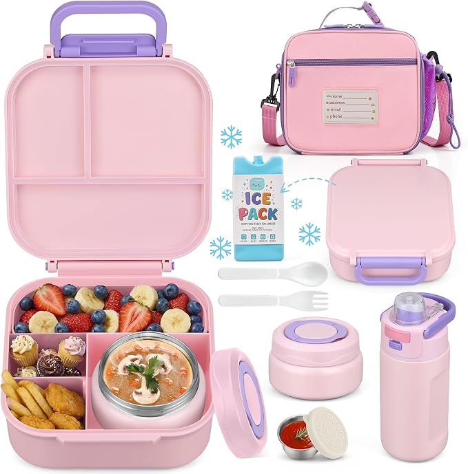 Bento Lunch Box for Kids with 7oz Soup Thermo,Insulated Stainless Steel Kids Water Bottle with Straw and Insulated Lunch Bag,Leak-Proof Lunch Food Container with Ice Pack for School(Pink)