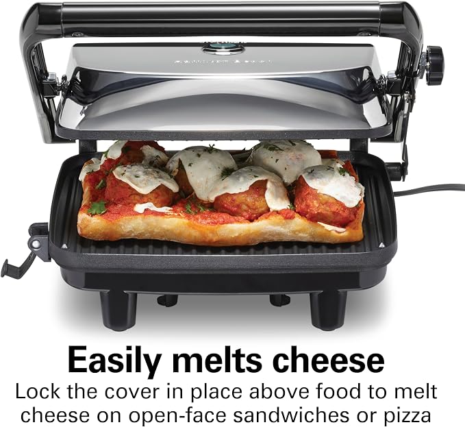 Hamilton Beach Panini Press, Sandwich Maker & Electric Indoor Grill | Floating Hinge Evenly Cooks Any Sandwich | Locking Lid | PFAS-Free Non-Stick 8" x 10" Grids | Chrome