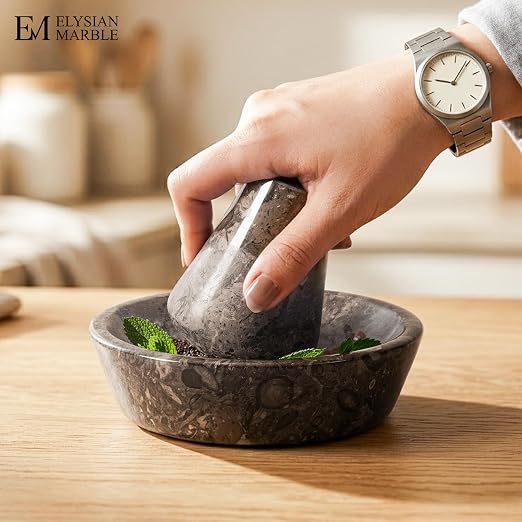 Mortar and Pestle Set, Oceanic Marble 5.5 Inch Wide Shallow Mortar with Pestle, Manual Spice Grinder for Herbs, Garlic, Ginger, Pesto, Guacamole, Salsa and Fresh Seasoning