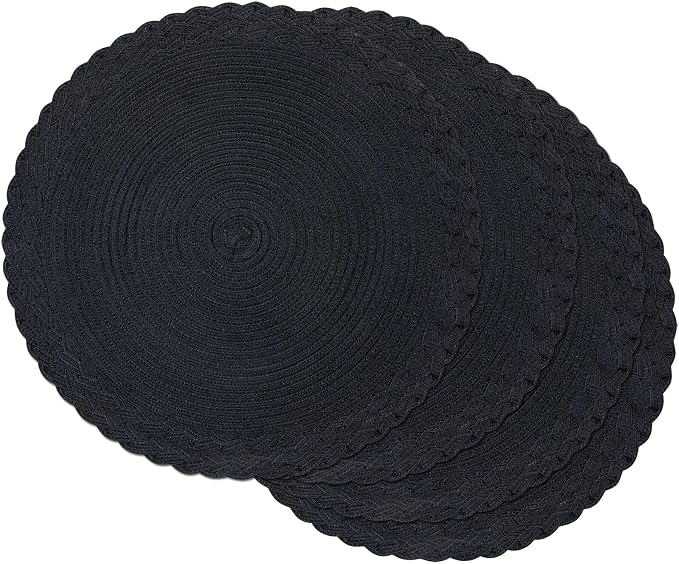 SHACOS Round Placemats Set of 4 Boho Braided Border 15 inch Circle Place Mats Washable Fabric Table Mats for Kitchen Dining Table, Black