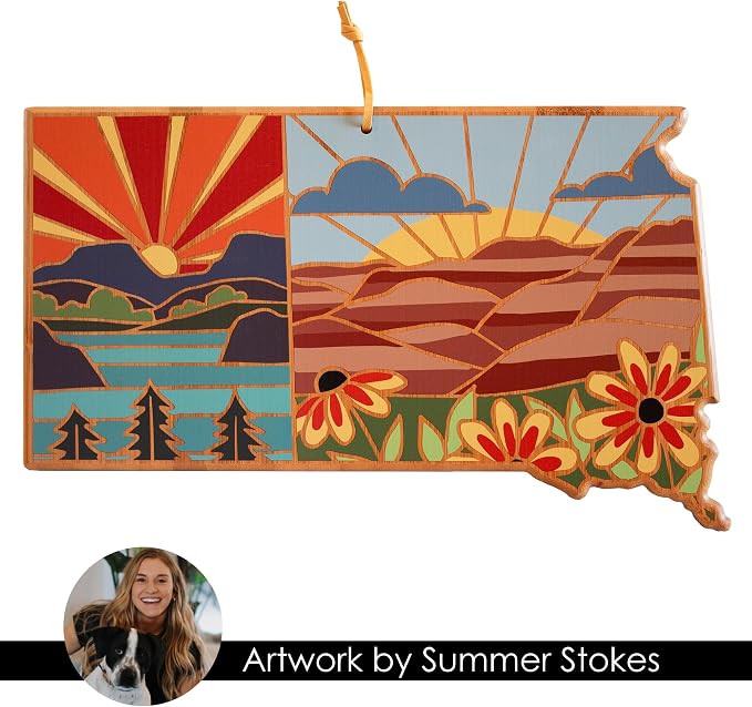 Totally Bamboo South Dakota State Shaped Cutting Board, Summer Stokes Art | State charcuterie board with colorful hand-drawn landscape art. Smooth reverse side for food prep. Hang tie for wall display.
