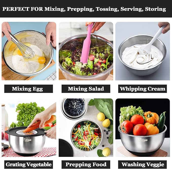 Wildone Mixing Bowls with Airtight Lids, Stainless Steel Mixing Bowls Set | Metal Bowls with 3 Grater Attachments & Non-Slip Bottoms, Size 5, 4, 3, 2,1.5, 0.63QT, Includes Utensil Set for Prep, Black