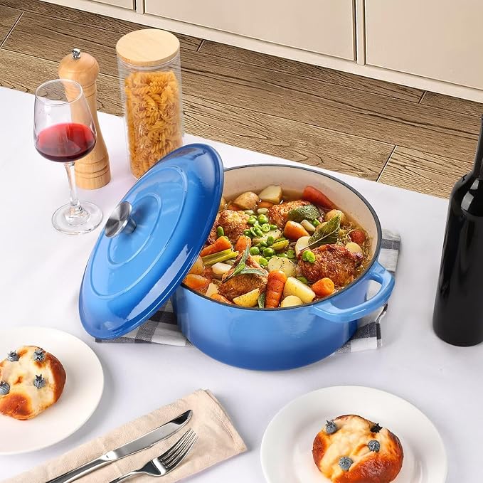 P&P CHEF 6QT Enameled Dutch Oven, Dutch Oven Pot for Bread Baking, Blue | 6 Quart Enameled Cast Iron Casserole Pot with Lid, for Roasting Braising Stewing Frying Simmering, Work on Various Stoves