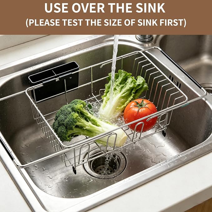 Expandable Over Sink Dish Drying Rack, Rustproof Stainless Steel Dish Drainer with Cutlery Utensil Holder, Quick Drainage Space Saving Kitchen Storage Organizer for Small Apartments RV