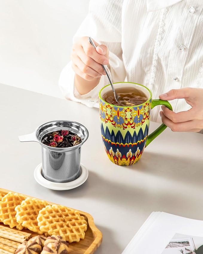 vancasso 18 Oz Tea Infuser Mug with Lid, Mint Petal Whirl | Eye-Catching Bohemian Pattern, Adds Charm to Any Tea Corner, Ceramic Mug with Infuser, Microwave and Dishwasher Safe