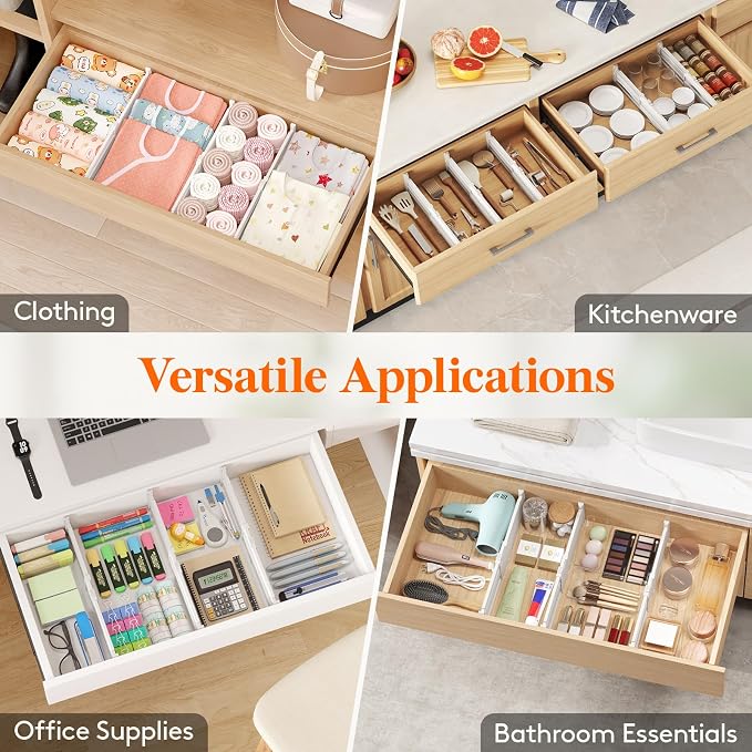 Lifewit 12 Pack 4" High Drawer Dividers, Adjustable Drawer Organizer Clothes | 10.5"-16.5" Expandable White Plastic Separators for Dresser, Kitchen, Cabinet, Nursery, Office, Socks & Underwear Storage