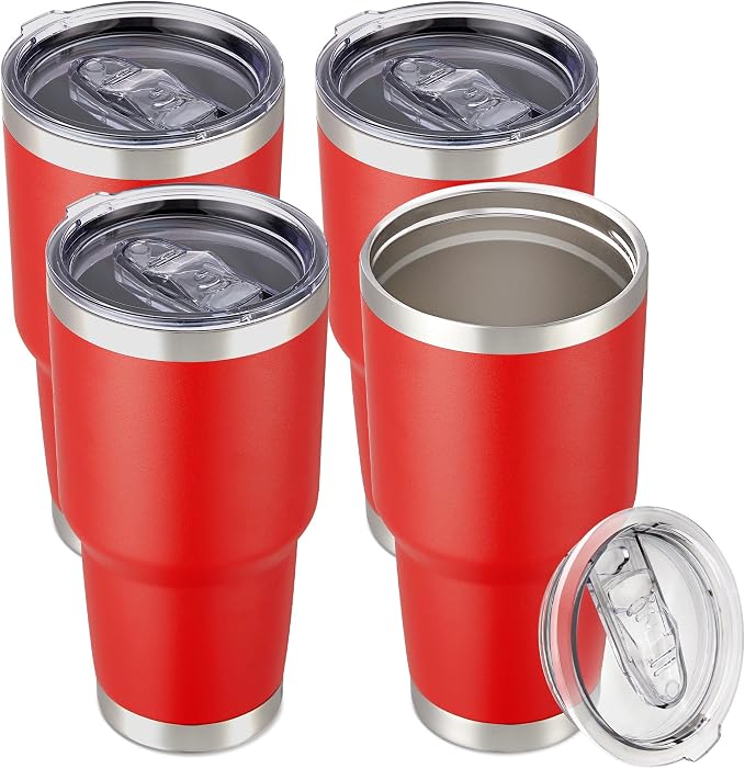 30 oz Tumbler with Lid Stainless Steel Tumblers Bulk, 4 Pack | Vacuum Insulated Cup, Leak Proof Lid, Powder Coated Travel Mug, Double Wall, Keep Cold Drinks for 12 Hours, Wine Red