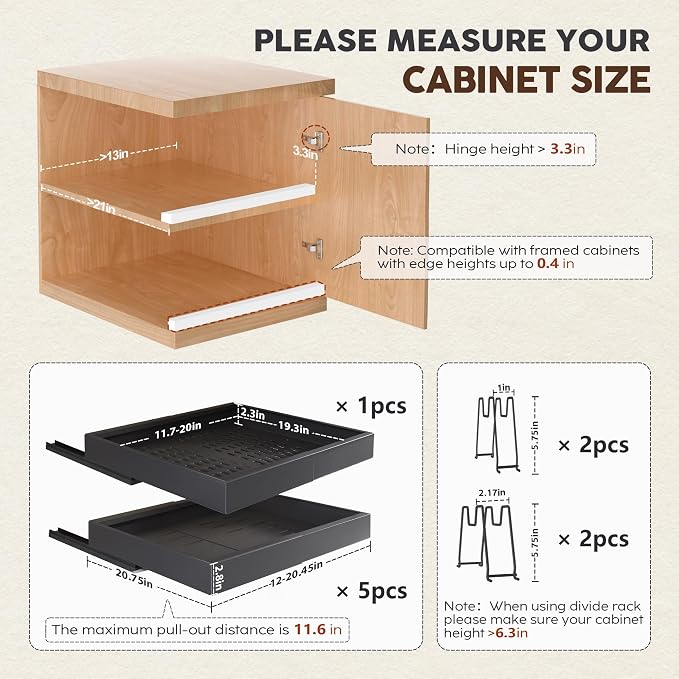 Seinloes 6 Pack Pull Out Cabinet Organizers 21" Deep With Raising Pad for Framed Cabinets, Expandable Slide Out Drawers with 4pcs Divider Racks, Roll Out Shelves, Adjustable Width 12"-20.45" Black