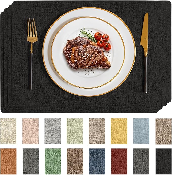 Romanstile Vinyl Placemats Set of 4-12 X 17 Inch - Faux Leather 100% Waterproof Wipeable Anti Slip Place Mats, Heat Resistant Reversible PU Table Mats for Kitchen Dining Party Outdoor, Black