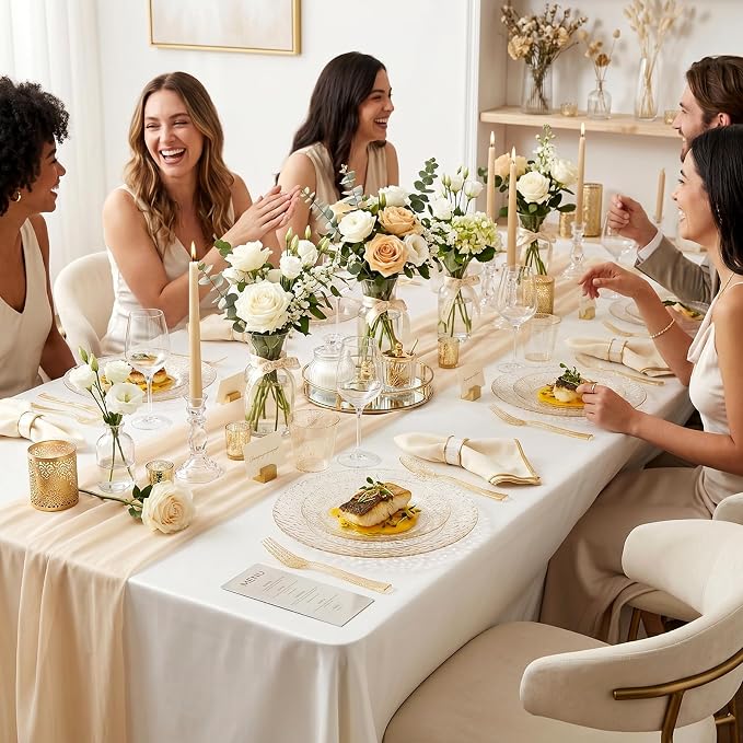 Rubtlamp 700Pcs Gold Glitter Plastic Dinnerware Set, Hammered Clear Plates, Fancy Plastic Plates Include 100 Dinner Platos, 100 Salad Platos, 100 Cups,100 Pack Pre Rolled Glitter plastic Silverware