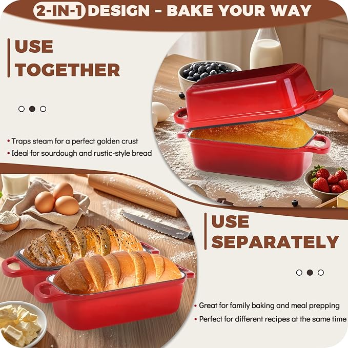Cast Iron Loaf Pan with Lid, 9x5 Loaf Pans for Homemade Bread | Cast Iron Bread Pan for Sourdough Baking, 9x5 Loaf Pan with 2-In-1 Design, Even Heat Distribution, Red Enameled
