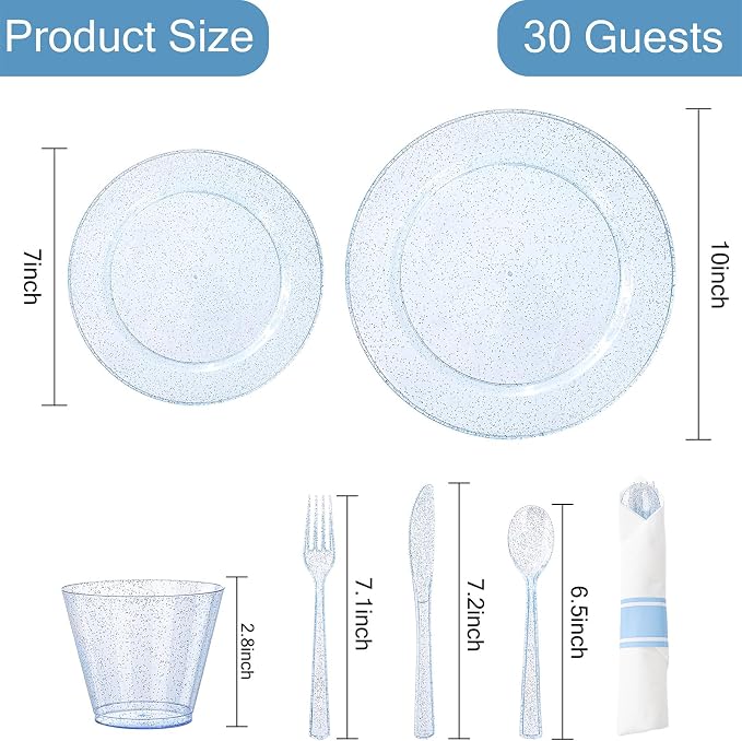 DaYammi 210PCS Blue Glitter Plastic Dinnerware Set for 30 Guests, Fancy Disposable Plates for Party, Include: 30 Dinner Plates, 30 Dessert Plates, 30 Pre Rolled Napkins with Blue Silverware, 30 Cups