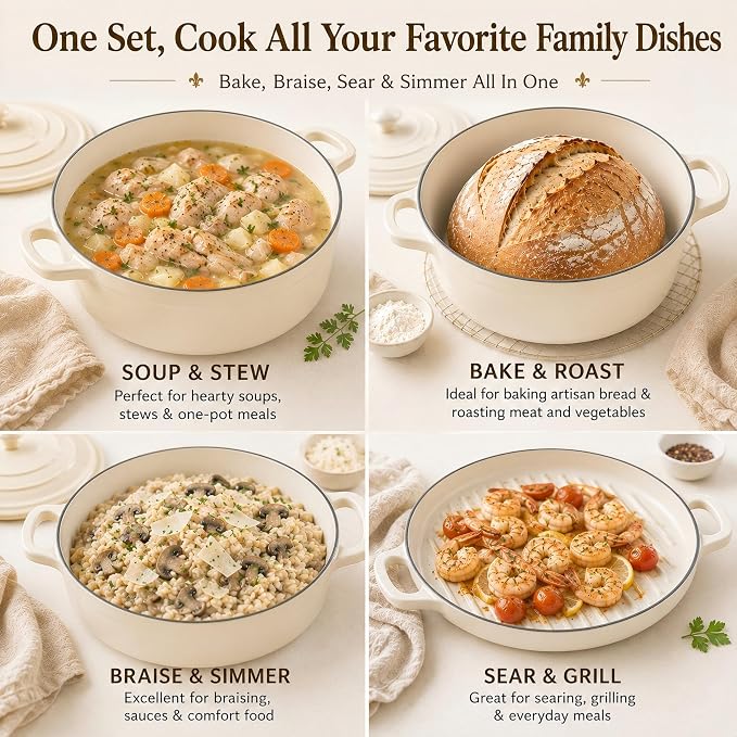 AHJ Enameled Cast Iron Dutch Oven Set - 4 Piece Cookware Set with Lids | 4.8Qt, 2.6Qt and 1.3Qt Dutch Ovens, Stackable Cast Iron Pots and Pans Sets for Bread Baking, Slow Cooking and Roasting, White