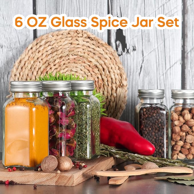 16 Pack 6oz Glass Spice Jars with Shaker Lids,Empty Square Spice Containers | 180ml Seasoning Bottles with 80 Black Labels for Kitchen Storage(Chalk Marker,Funnel and Brush include)