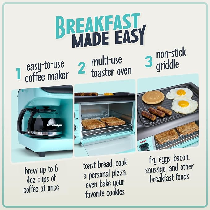 Nostalgia 3-in-1 Breakfast Station - Includes Coffee Maker, Non-Stick Griddle, and 4-Slice Toaster Oven - Versatile Breakfast Maker with Timer - Aqua