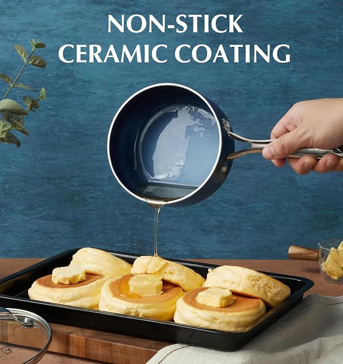 KOCH SYSTEME CS Nonstick Sauce Pan with Lid, 1 Quart Saucepan with Lid, 1 QT Nonstick Ceramic Small Sauce Pan with Stainless Steel Handle, Non-Toxic Ceramic Saucepan, Oven Safe, Gradient Blue