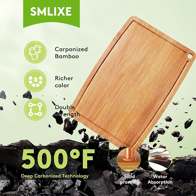 Bamboo Cutting Boards for Kitchen,Carbonized Wood Cutting Board with Deep Juice Groove for Chopping Meat, Vegetables, Fruits, Nuts,Lightweight & Durable,Ideal Kitchen Gift