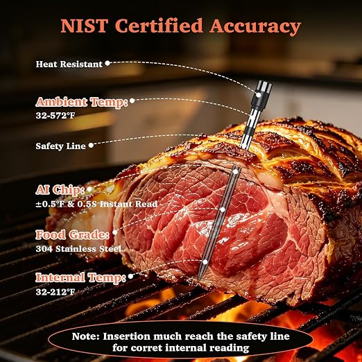 Bluetooth Wireless Meat Thermometer Digital for BBQ Oven Smoker Grill | 800FT Food Thermometer for Cooking with Standalone Base, 2 Meat Probes with Dual Sensors, NIST Certified Accuracy