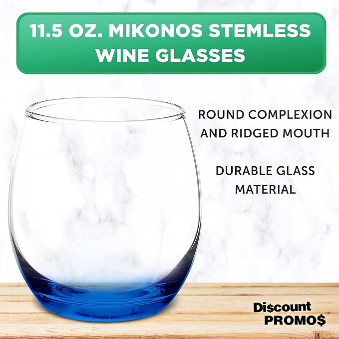 DISCOUNT PROMOS Mikonos Stemless Wine Glasses 11.5 oz. Set of 10, Bulk Pack - Restaurant Glassware, Perfect for Red Wine, White Wine, Cocktails - Blue Bottom Color
