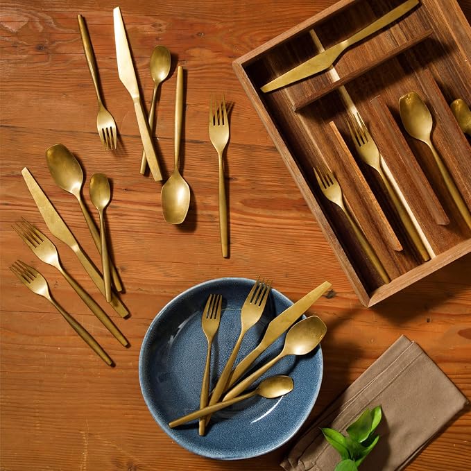 Two Time Oprah's Favorite Things Winner - 20 Piece Stone Washed Gold Flatware 18/10 Stainless Steel Silverware Cutlery Utensil Set With Acacia Wood Caddy - Service for 4