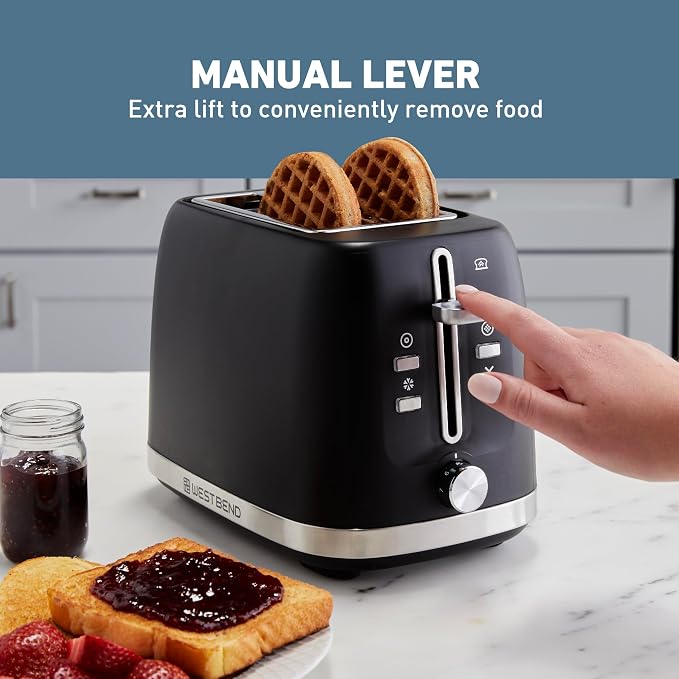 West Bend Toaster 2-Slice Extra-Wide and Deep Slots with 3 Functions and 7 Shade Settings Manual Toast Lift Lever Auto Shut-Off and Removable Crumb Tray, 750-Watts, Black