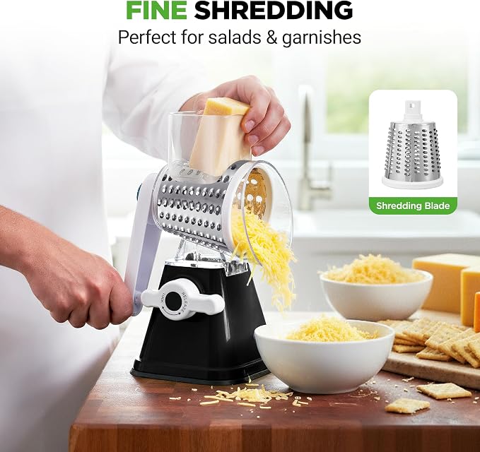 Nutrichef 3 in 1 Cheese Grater & Shredder | Strong Suction Base, Rotary Handle with Safety Lock | Includes Hand Crank & 3 Drum Blades for 3 Textures, Fine, Medium & Strips | Black