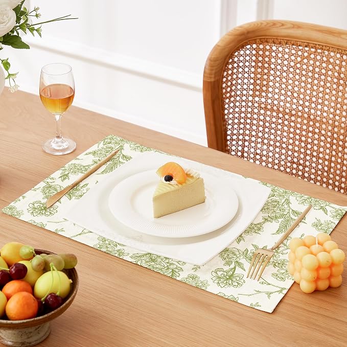 QIYI Boho Table Placemats Set of 4, 12"x18" Linen Place Mats, Green Blooms | Fabric Place Mats for Kitchen Dinning, Farmhouse Rustic Cloth Table Mats, Washable Placemat Party Table Décor